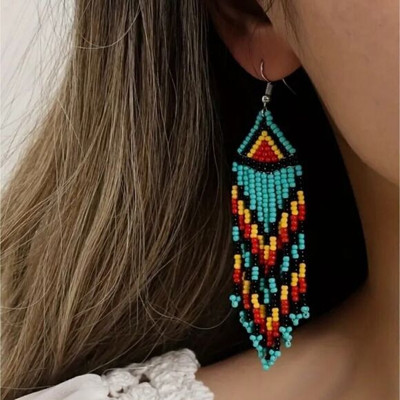 Handmade Native American-Style Beaded Tassel Fashion Earrings Blue Black Orange